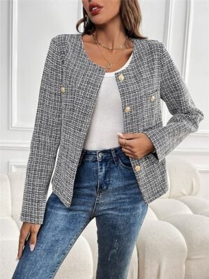 Casual Regular Fit Plaid Crewneck Long Sleeve Short Jacket - Image 2