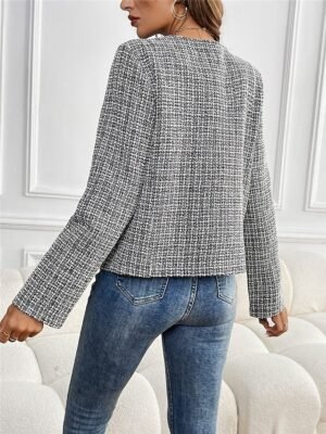 Casual Regular Fit Plaid Crewneck Long Sleeve Short Jacket - Image 3