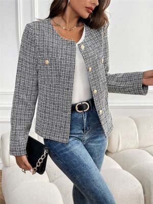 Casual Regular Fit Plaid Crewneck Long Sleeve Short Jacket - Image 5