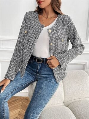 Casual Regular Fit Plaid Crewneck Long Sleeve Short Jacket - Image 7
