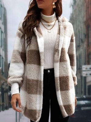 Casual Regular Fit Plaid Open Front Long Sleeve Hoodie - Image 1