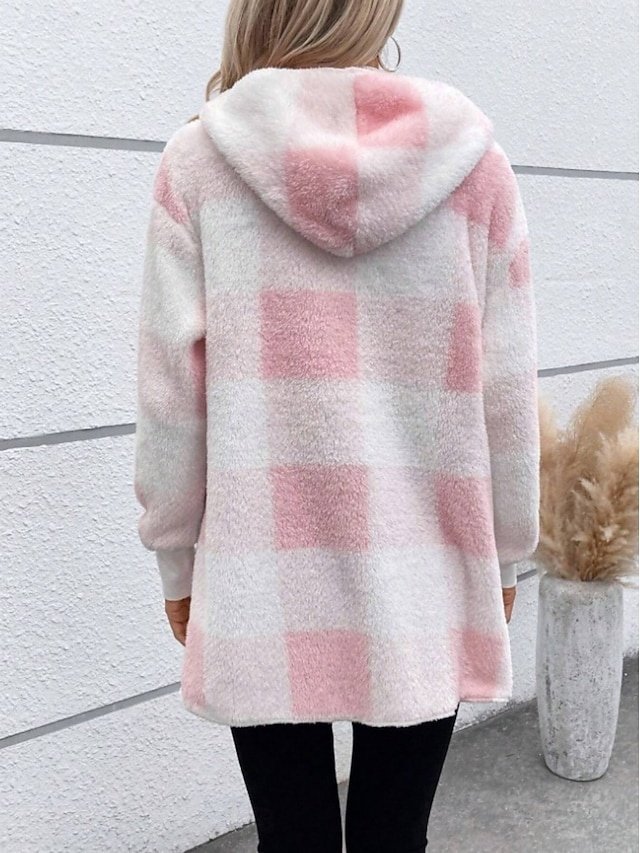 Casual Regular Fit Plaid Open Front Long Sleeve Hoodie - Image 2