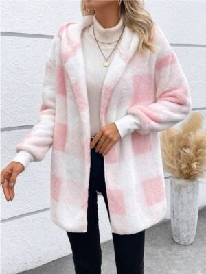 Casual Regular Fit Plaid Open Front Long Sleeve Hoodie - Image 4
