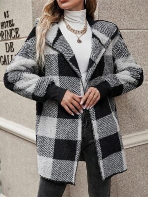 Casual Regular Fit Plaid Open Front Long Sleeve Hoodie - Image 5