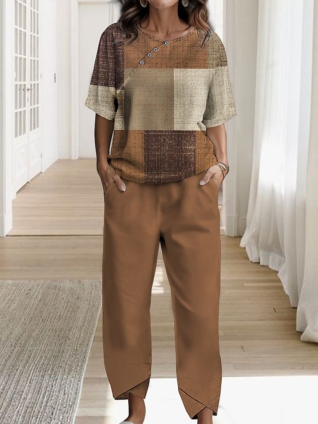 Casual Regular Fit Plaid Round Neck Short Sleeve Two Piece Set - Image 1