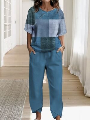 Casual Regular Fit Plaid Round Neck Short Sleeve Two Piece Set - Image 2