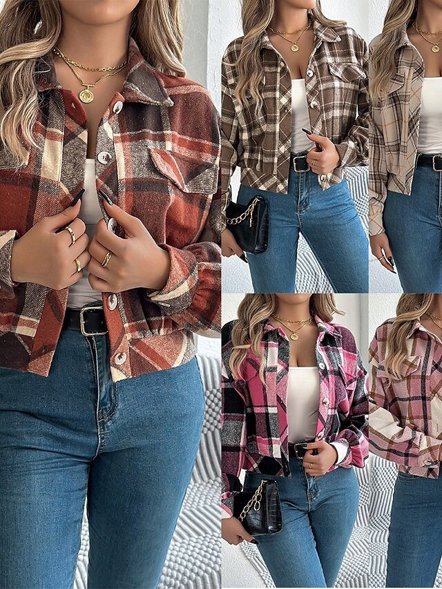 Casual Regular Fit Plaid Stand Collar Long Sleeve Short Shirt Jacket - Image 1
