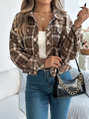 Casual Regular Fit Plaid Stand Collar Long Sleeve Short Shirt Jacket - Image 11