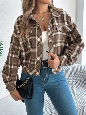 Casual Regular Fit Plaid Stand Collar Long Sleeve Short Shirt Jacket - Image 12