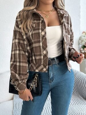 Casual Regular Fit Plaid Stand Collar Long Sleeve Short Shirt Jacket - Image 13