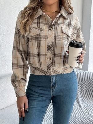 Casual Regular Fit Plaid Stand Collar Long Sleeve Short Shirt Jacket - Image 14