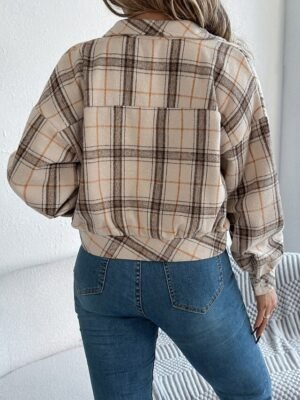 Casual Regular Fit Plaid Stand Collar Long Sleeve Short Shirt Jacket - Image 15