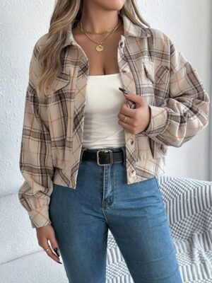 Casual Regular Fit Plaid Stand Collar Long Sleeve Short Shirt Jacket - Image 16