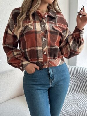 Casual Regular Fit Plaid Stand Collar Long Sleeve Short Shirt Jacket - Image 20