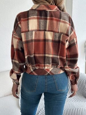 Casual Regular Fit Plaid Stand Collar Long Sleeve Short Shirt Jacket - Image 21