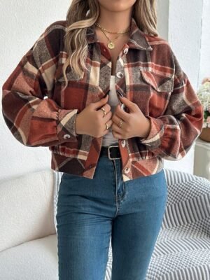 Casual Regular Fit Plaid Stand Collar Long Sleeve Short Shirt Jacket - Image 23