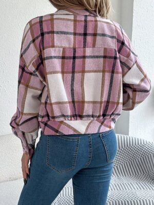 Casual Regular Fit Plaid Stand Collar Long Sleeve Short Shirt Jacket - Image 3