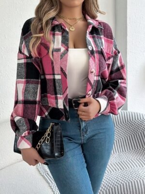 Casual Regular Fit Plaid Stand Collar Long Sleeve Short Shirt Jacket - Image 30
