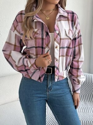 Casual Regular Fit Plaid Stand Collar Long Sleeve Short Shirt Jacket - Image 4