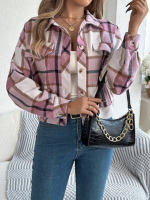 Casual Regular Fit Plaid Stand Collar Long Sleeve Short Shirt Jacket - Image 7