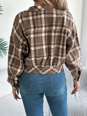 Casual Regular Fit Plaid Stand Collar Long Sleeve Short Shirt Jacket - Image 9