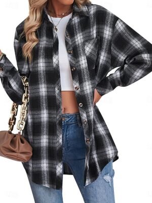 Casual Regular Fit Plaid Turndown Long Sleeve Shacket - Image 1