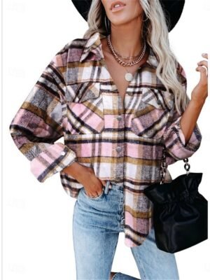Casual Regular Fit Plaid Turndown Long Sleeve Shacket - Image 1