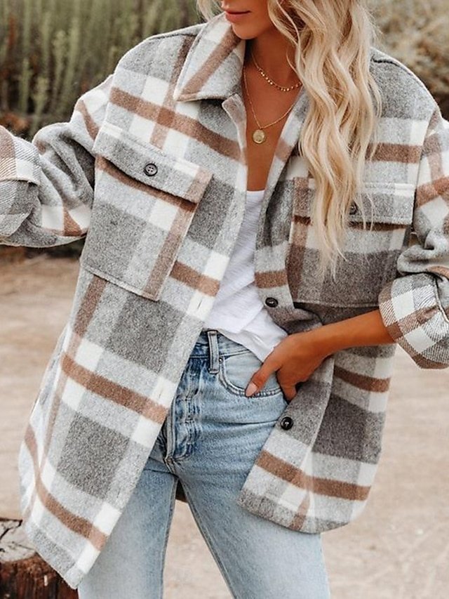 Casual Regular Fit Plaid Turndown Long Sleeve Jacket - Image 1