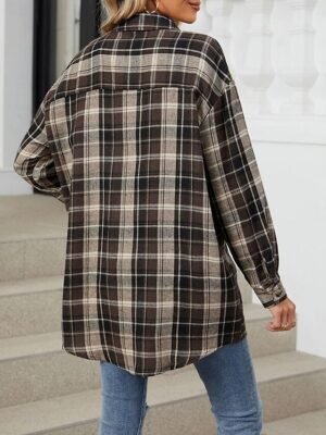 Casual Regular Fit Plaid Turndown Long Sleeve Shirt Jacket - Image 10