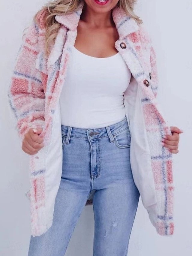 Casual Regular Fit Plaid Turndown Long Sleeve Long Teddy Coat - Image 2