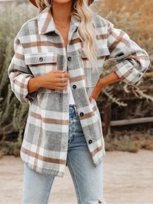 Casual Regular Fit Plaid Turndown Long Sleeve Jacket - Image 3