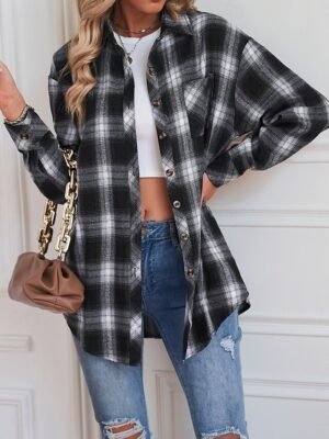 Casual Regular Fit Plaid Turndown Long Sleeve Shacket - Image 4