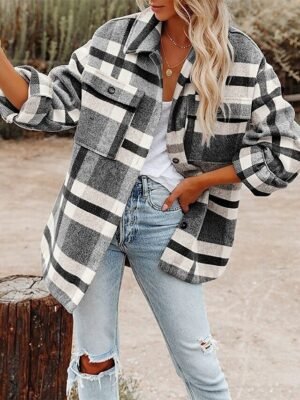 Casual Regular Fit Plaid Turndown Long Sleeve Jacket - Image 4