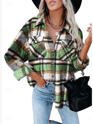 Casual Regular Fit Plaid Turndown Long Sleeve Shacket - Image 5
