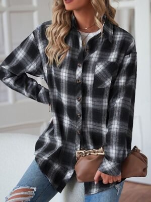 Casual Regular Fit Plaid Turndown Long Sleeve Shacket - Image 5