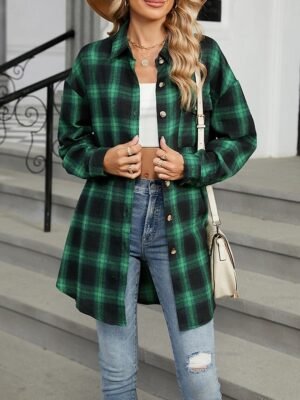 Casual Regular Fit Plaid Turndown Long Sleeve Shirt Jacket - Image 5