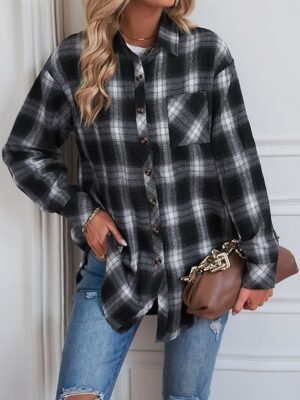 Casual Regular Fit Plaid Turndown Long Sleeve Shacket - Image 6