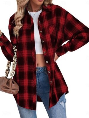 Casual Regular Fit Plaid Turndown Long Sleeve Shacket - Image 7