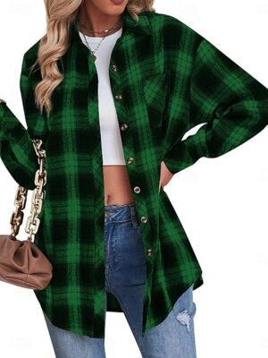 Casual Regular Fit Plaid Turndown Long Sleeve Shacket - Image 8