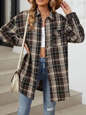 Casual Regular Fit Plaid Turndown Long Sleeve Shirt Jacket - Image 9