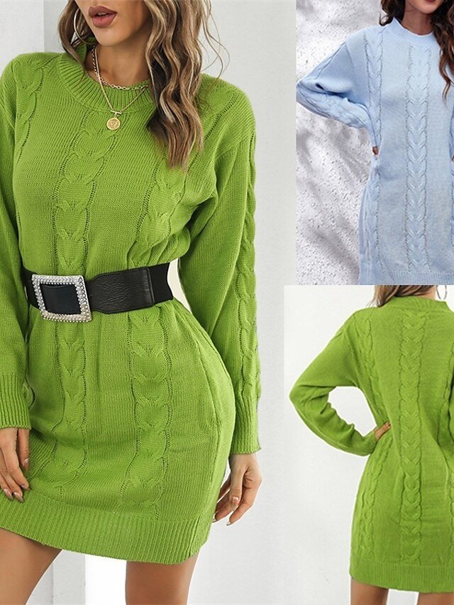 Casual Regular Fit Plain Crew Neck Long Sleeve Mini Sweater Dress - Image 1
