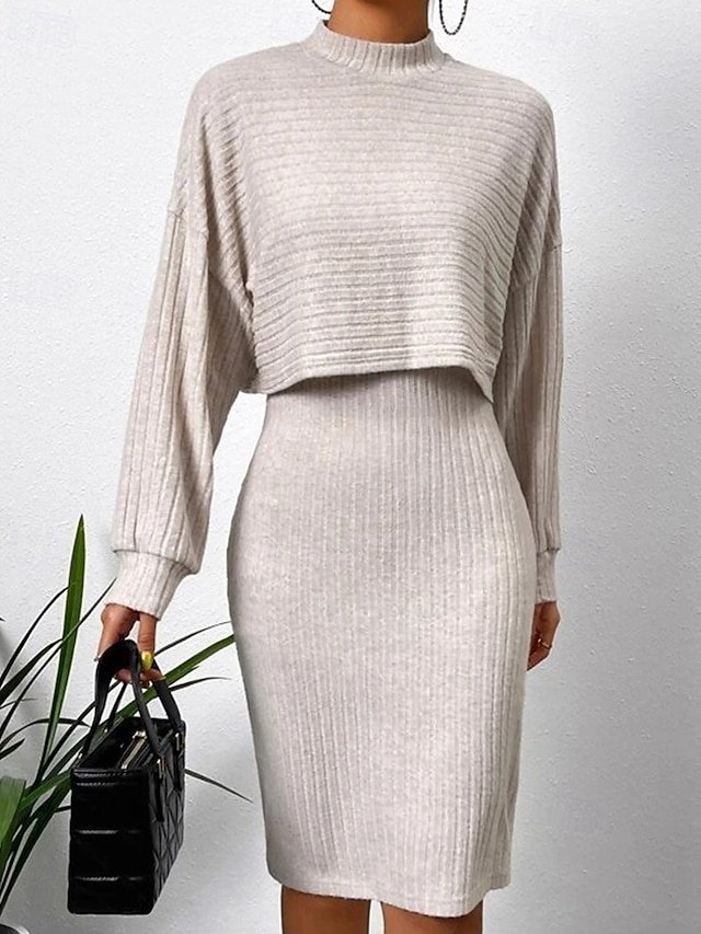 Casual Regular Fit Plain Crew Neck Long Sleeve Mini Slip Dress - Image 1