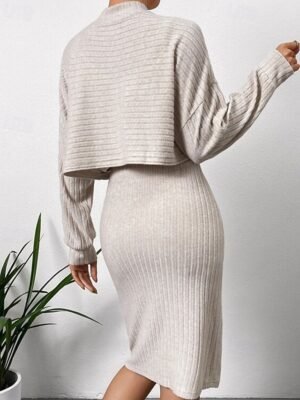Casual Regular Fit Plain Crew Neck Long Sleeve Mini Slip Dress - Image 3