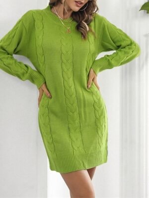 Casual Regular Fit Plain Crew Neck Long Sleeve Mini Sweater Dress - Image 4