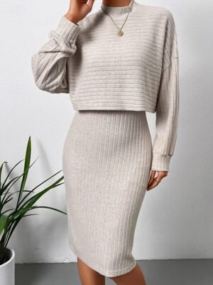 Casual Regular Fit Plain Crew Neck Long Sleeve Mini Slip Dress - Image 4