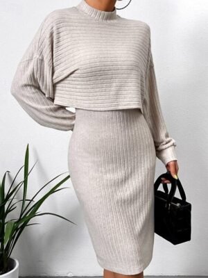 Casual Regular Fit Plain Crew Neck Long Sleeve Mini Slip Dress - Image 6