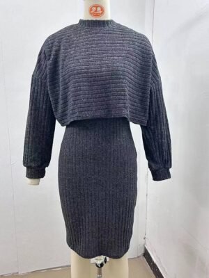 Casual Regular Fit Plain Crew Neck Long Sleeve Mini Slip Dress - Image 7