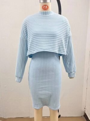 Casual Regular Fit Plain Crew Neck Long Sleeve Mini Slip Dress - Image 9