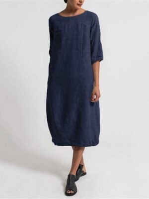 Casual Regular Fit Plain Crew Neck Short Sleeve Midi Dress - Image 1