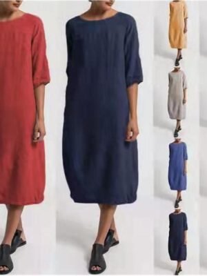 Casual Regular Fit Plain Crew Neck Short Sleeve Midi Dress - Image 4
